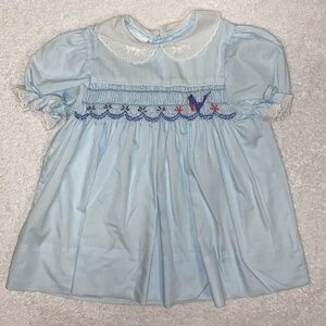 Vintage Polly flinders smocked blue bird short sleeve light blue dress 2t